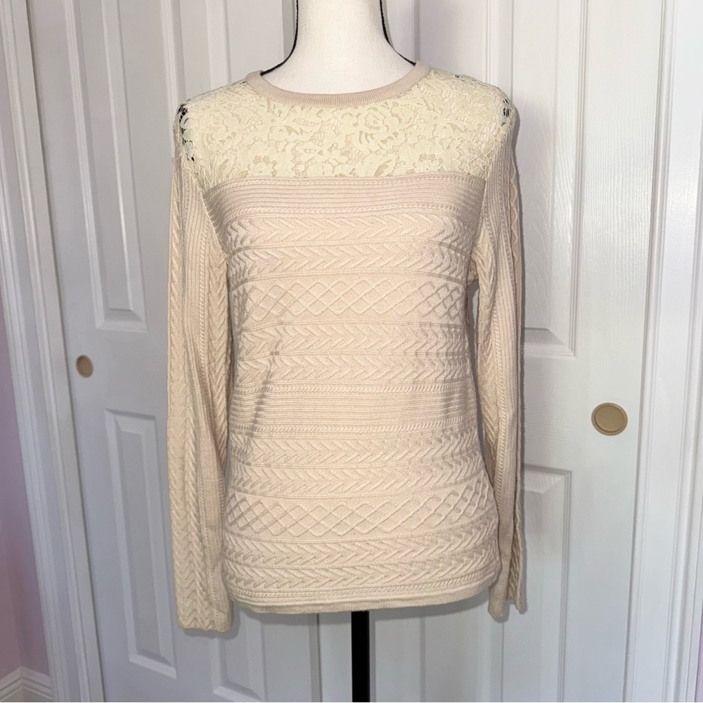 Endless Rose lace & cable knit crew neck fitted lightweight cream sweatee Medium